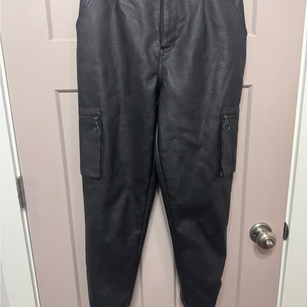 KanCan Black Faux Leather Cargo Joggers